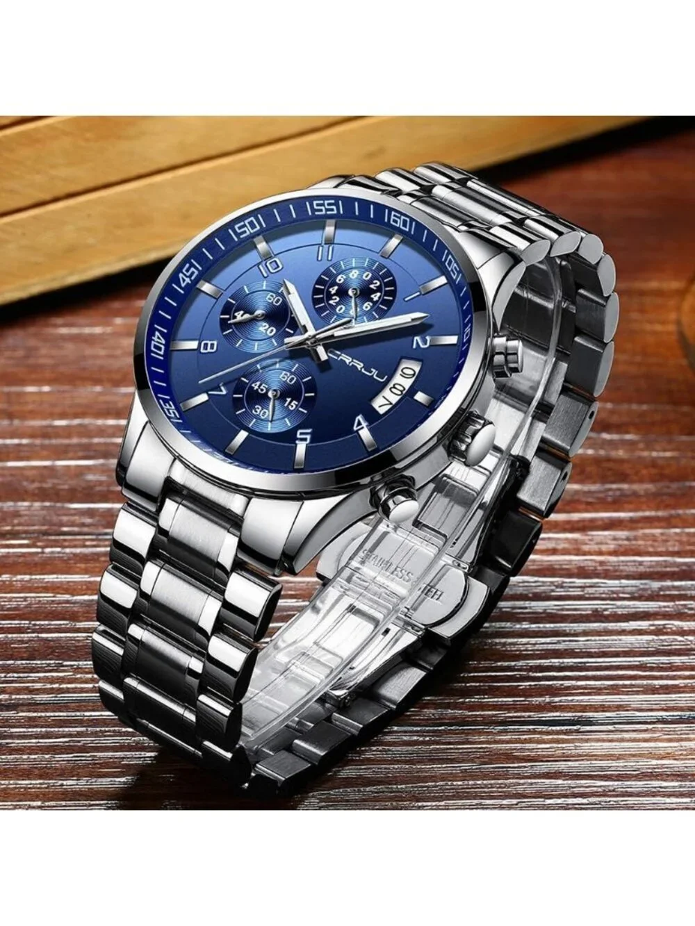 Men's Silver And Blue Analog Stainless Steel Waterproof Chronograph Wrist Watch
